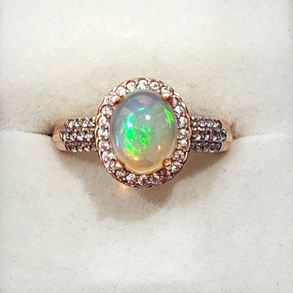 Welo Opal & Natural White Zircon halo ring 14K Rose Gold over 925SS 2.65ct sz8 - Picture 1 of 6